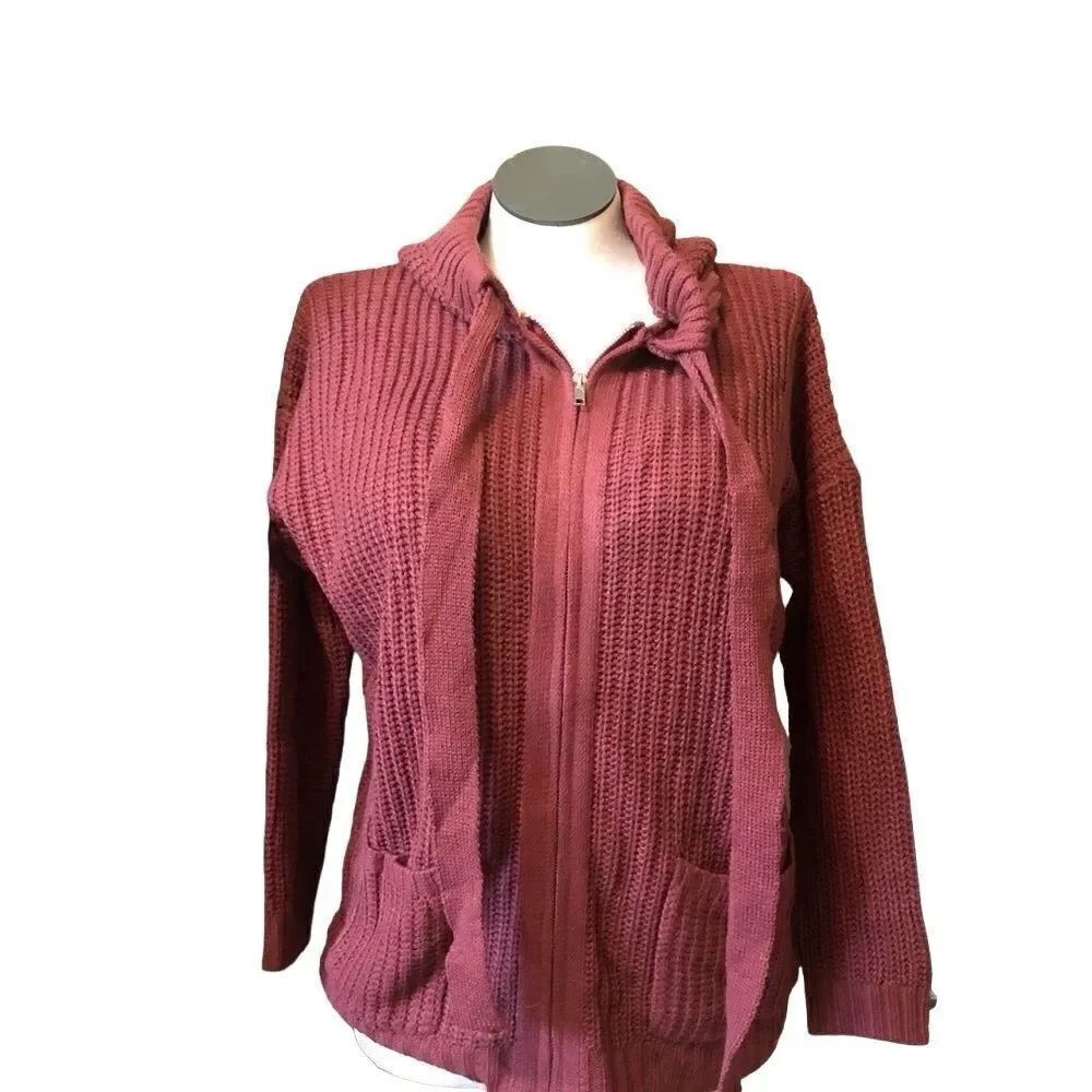 Cozy Casual Womens Cardigan Chunky Knit Full Zip Hooded M/L BurgundyβBoxy Fit